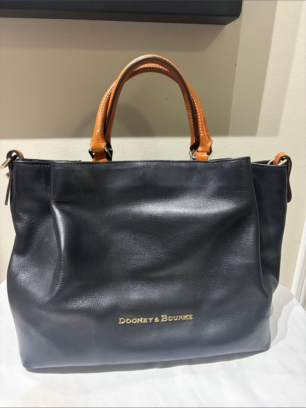 Dooney & Bourke City Barlow Satchel Black Leather with Brown Handles/Strap